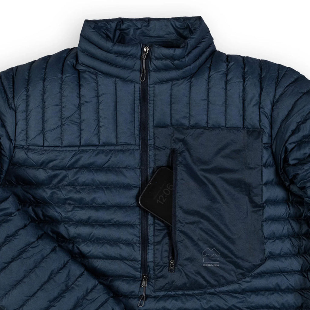 Beringia Luft Jacket - ultralight down pullover, closeup showing the center front zipper and pocket. 